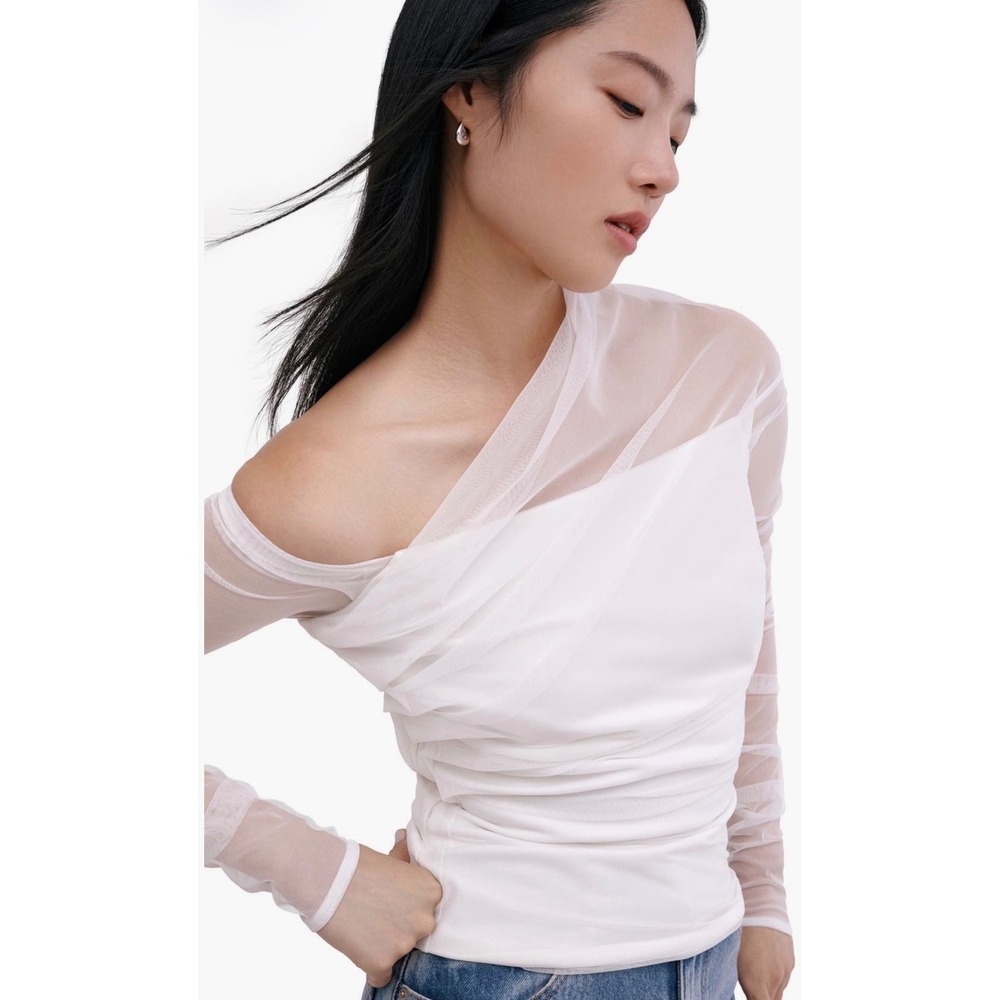 Marcella Monroe White One Shoulder Ruched Mesh Top Size M NWT - Picture 11 of 16